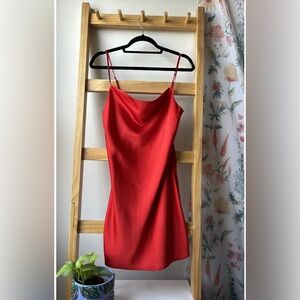 twik Red Satin Slip Dress with Cowl Neck